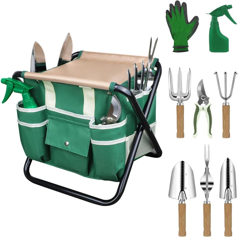 LeMotech Garden Tool Set,10 Pieces Heavy Duty Gardenting Tool Kit, Folding Stool with Detachable Tote Bag, Thicker Stainless Steel Tools (Trans-Planter,Trowel,Weeder etc.) for Women Men - Image 1